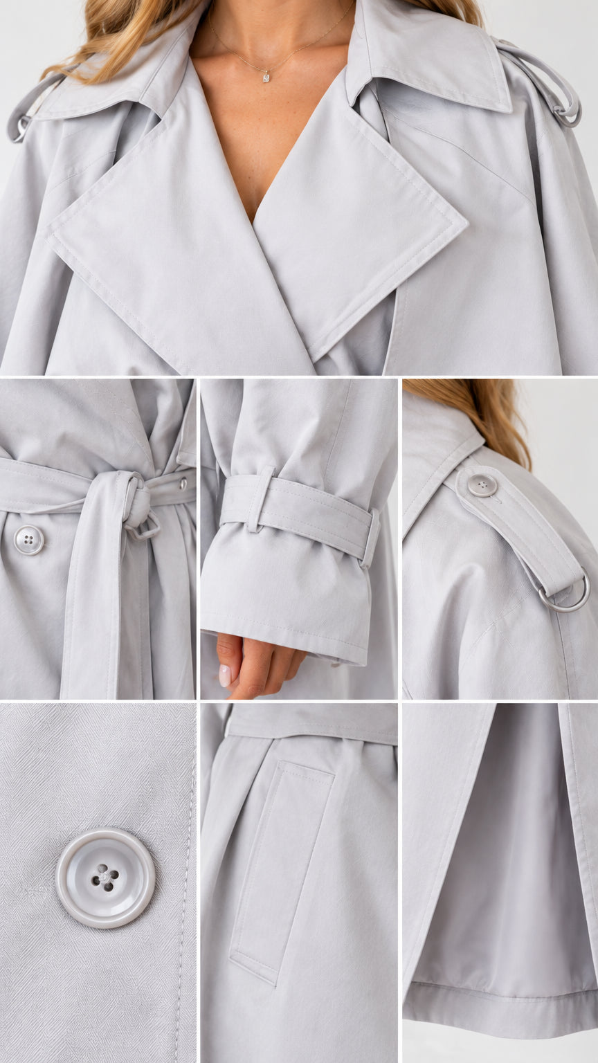 Close-up details of collar, shoulder tabs, cuff buckles, and pocket of trench coat