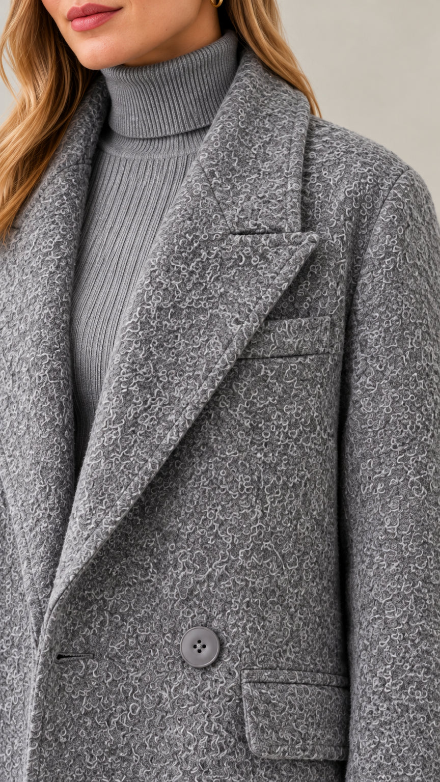 Close-up detail of textured bouclé fabric, notch lapel, and button on grey coat