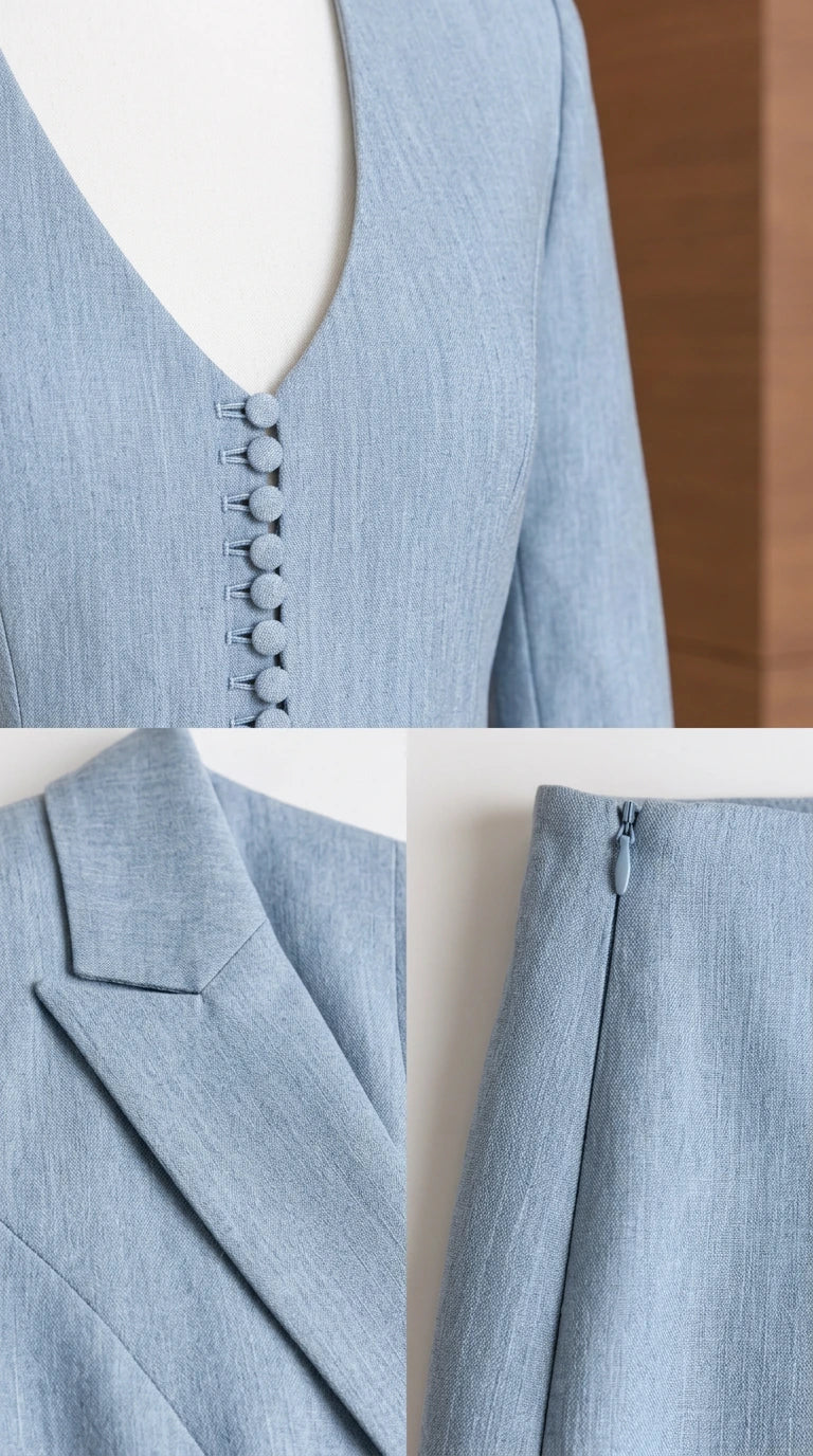 Close-up details of fabric texture, covered buttons, and side zipper closure