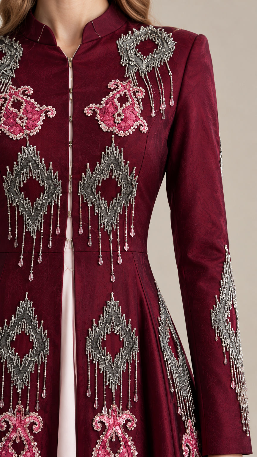 Close-up detail of intricate embroidery and beaded fringe on burgundy evening dress