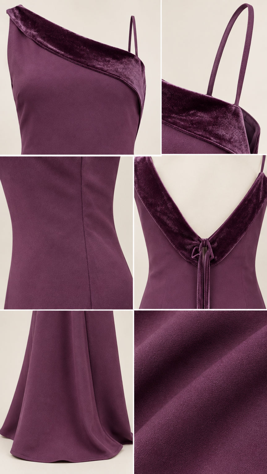 Close-up details of velvet neckline, back strap, and fabric texture in plum