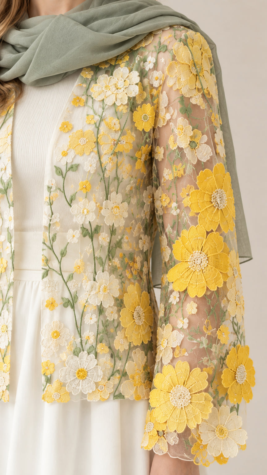 Close-up detail of yellow 3D floral lace embroidery on sheer open-front cardigan