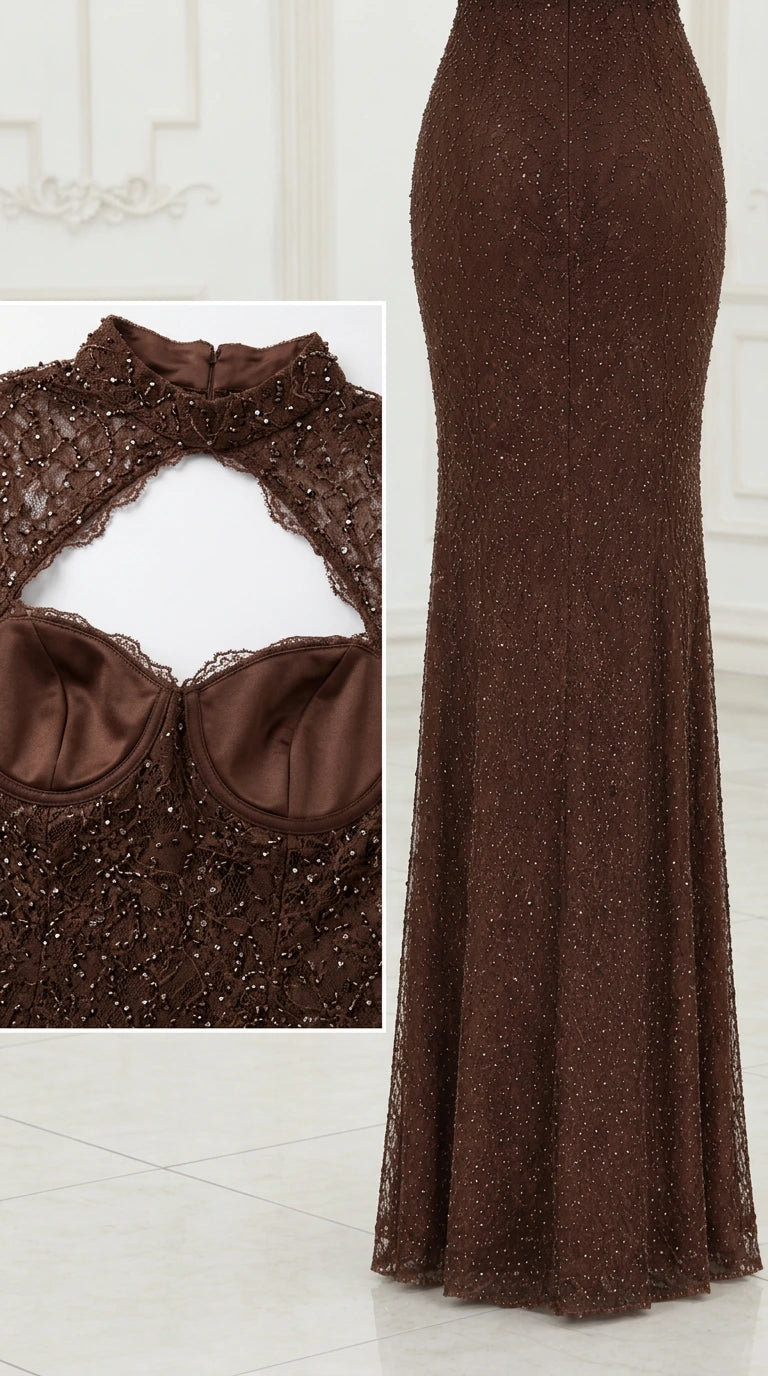 Close-up detail of structured sweetheart bustier and mock neck cutout