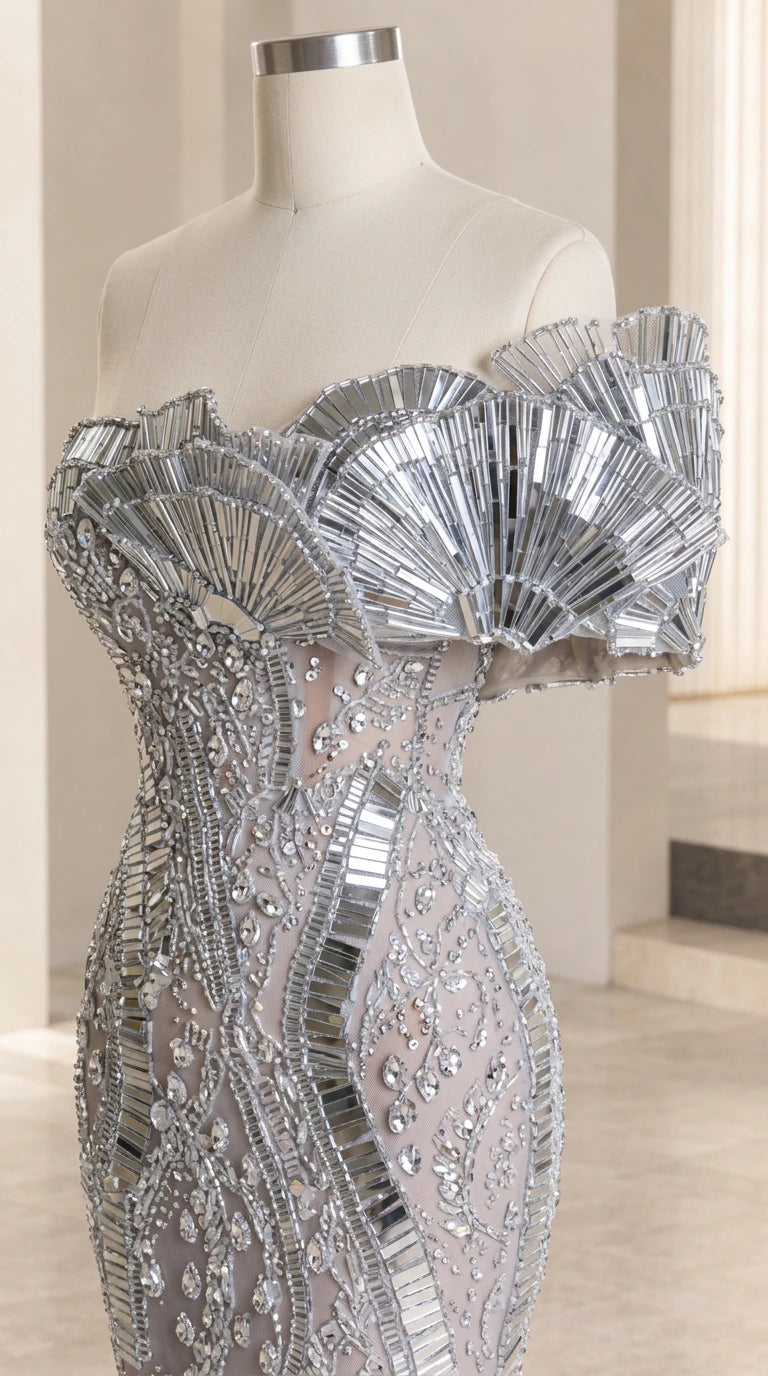 Close-up mannequin detail of silver pleated fan-shaped neckline and beaded bodice