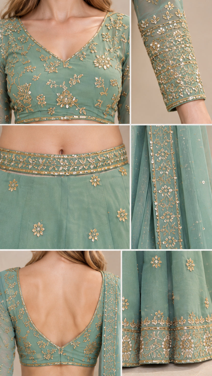Close-up details of gold embroidery on sage green choli neckline, sleeves, and skirt hem
