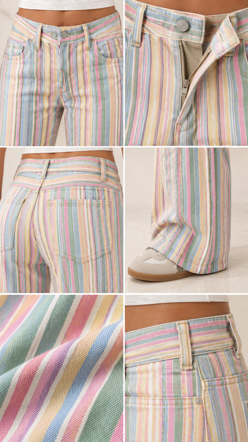Close up detail views of stripe fabric texture, zipper fly, waistband, and hem