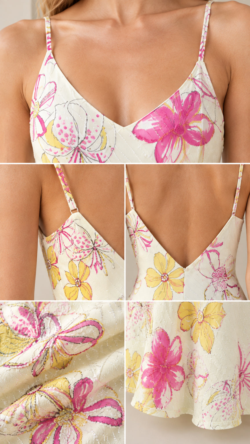Close-up details of neckline, back cut, and floral printed fabric texture