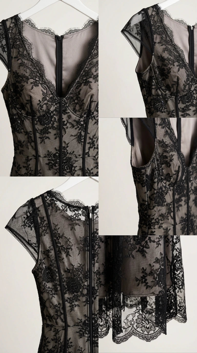 Close-up details of scalloped eyelash lace neckline, cap sleeves, and corset bodice