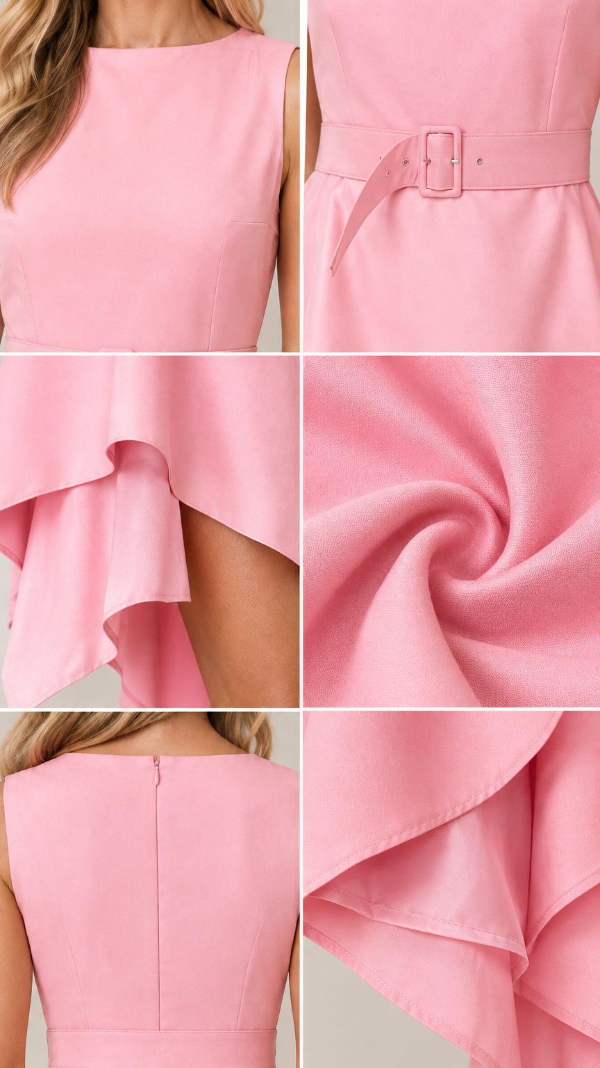 Close-up details of pink dress neckline, buckled belt, and flowing fabric