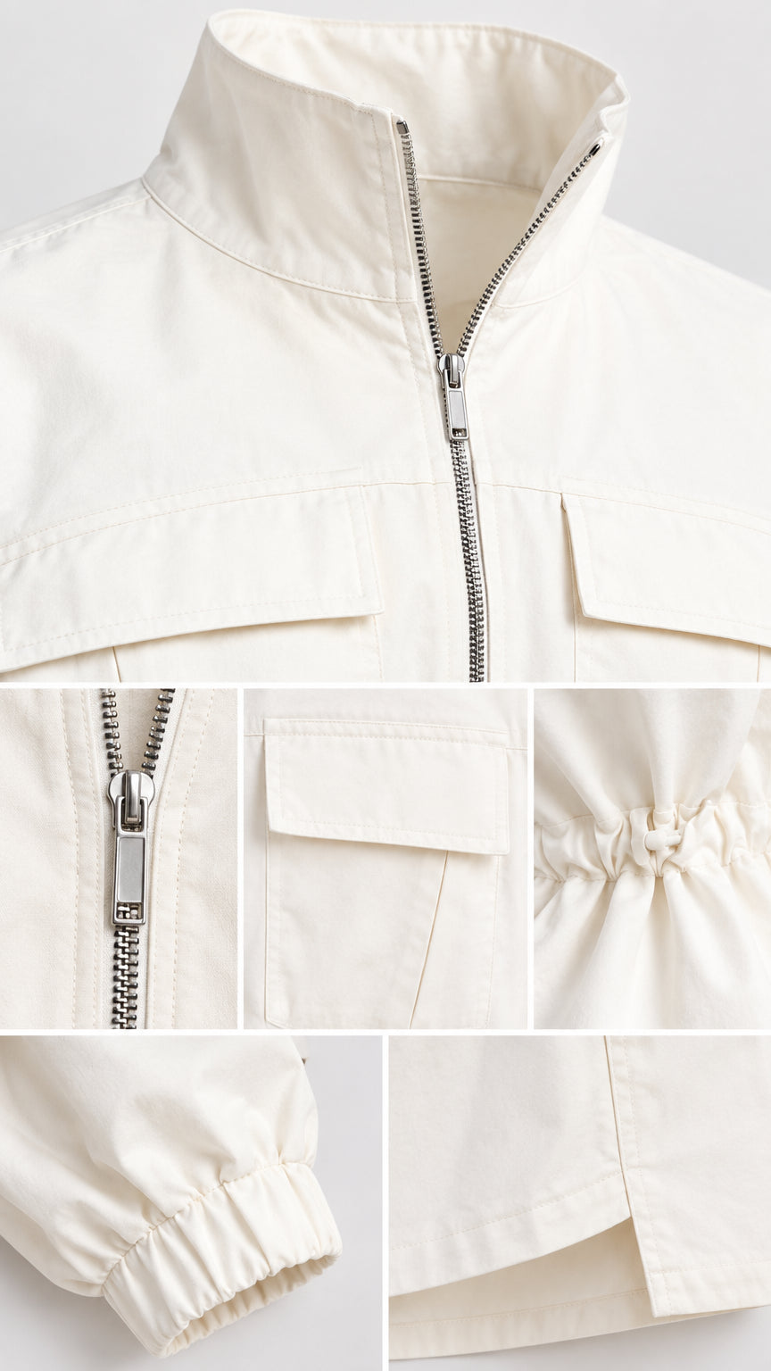 Close-up details of collar, zipper, flap pockets, and waist drawstring