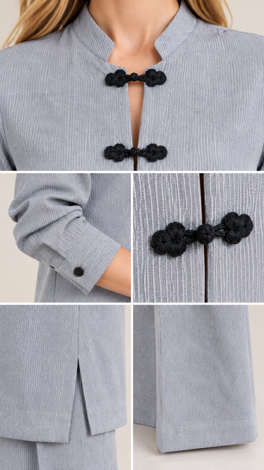 Close-up detail shots of textured fabric, black frog button closures, sleeve cuff, and tunic side slit