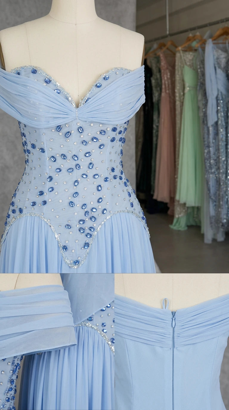 Close-up detail of rhinestone embellishments and back zipper on light blue gown
