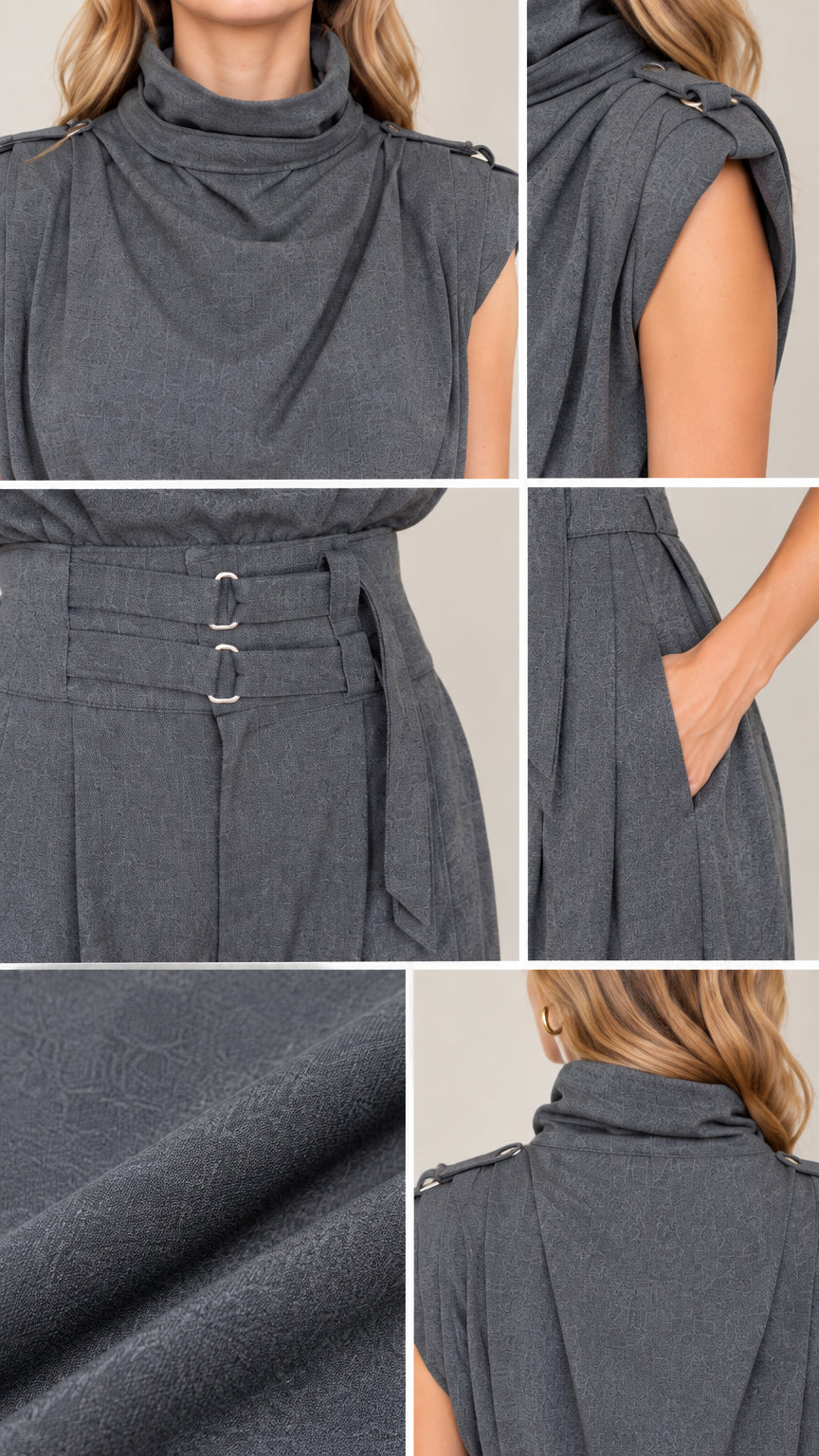 Close-up details of draped collar, shoulder tabs, waist belt loops, pockets, and fabric texture