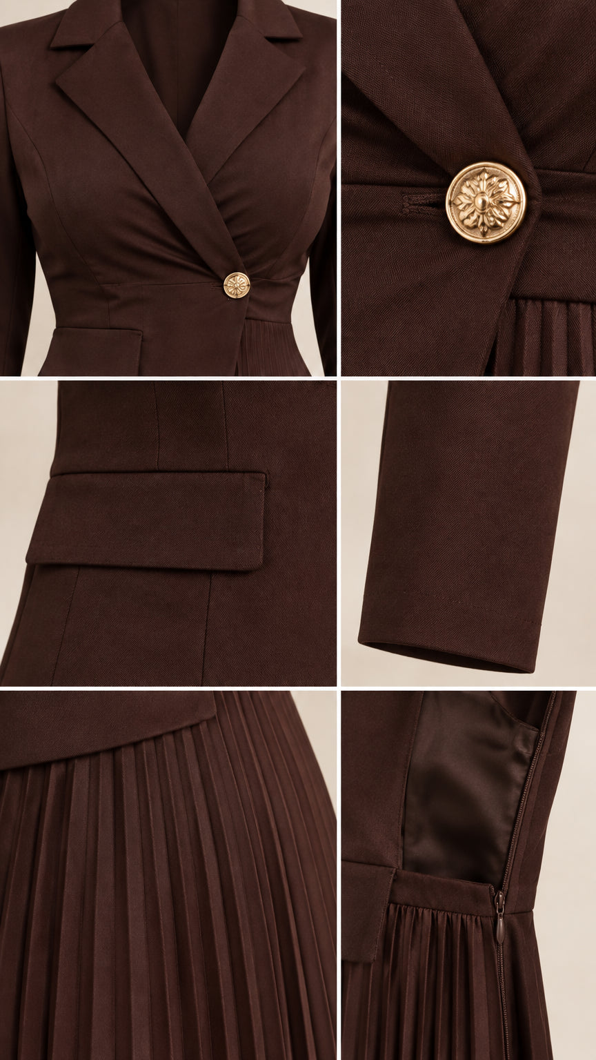 Close-up details of lapel, metallic button, flap pocket, and side zipper