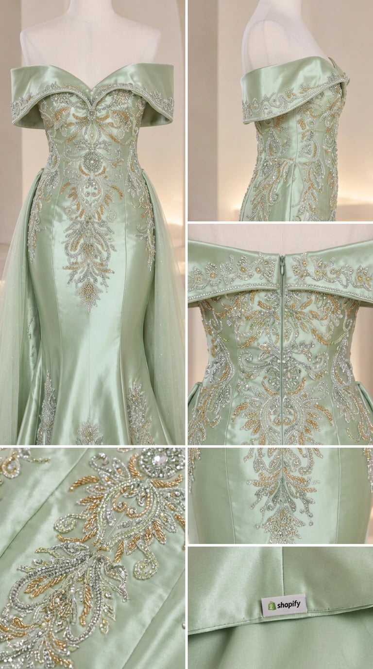 Close-up detail shots showing neckline, embroidery, and back zipper