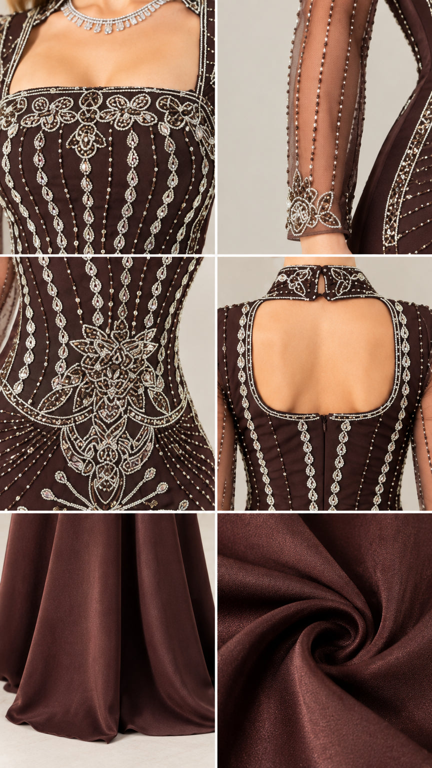 Close-up details of intricate beading, sheer sleeves, open back, and smooth drape fabric