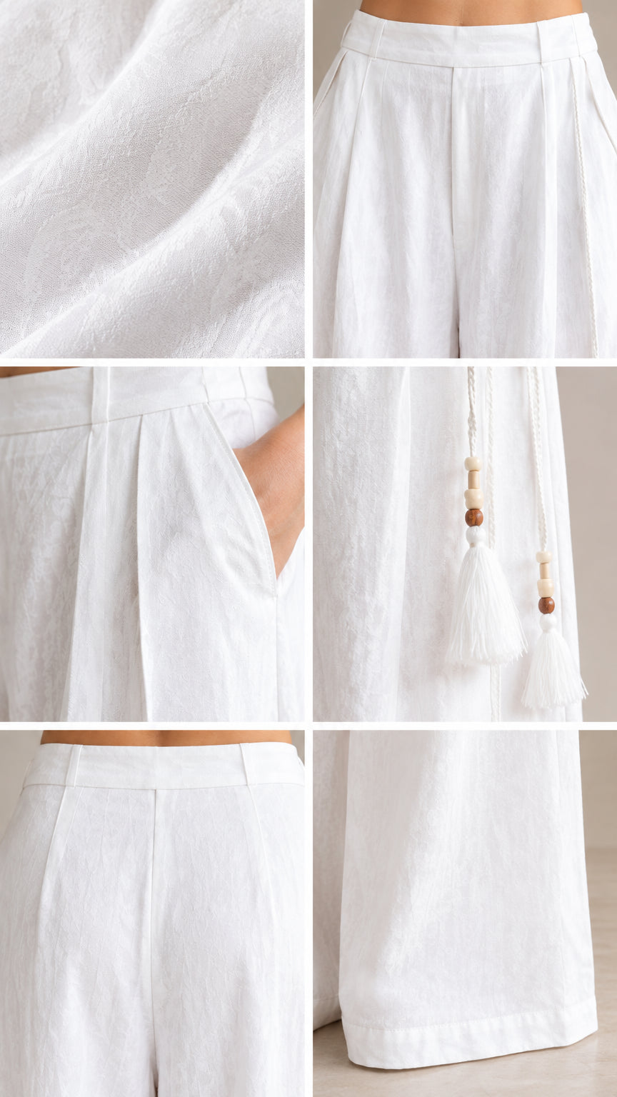 Close-up detail collage showing white fabric texture, waistband, pockets, and beaded tassel