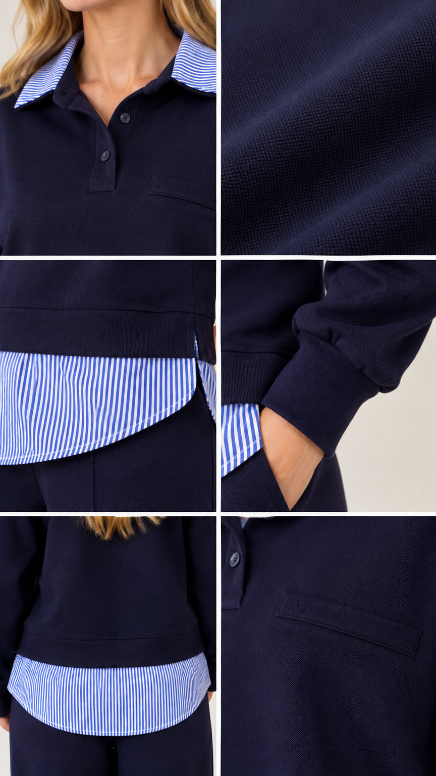 Close-up details of striped polo collar, ribbed cuff, and knit fabric on navy sweatshirt