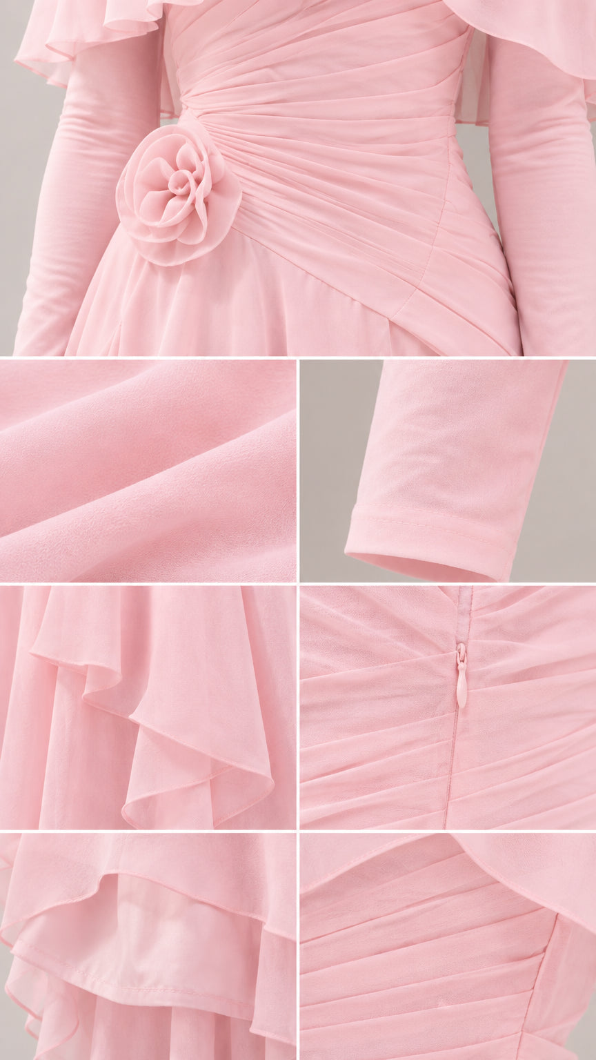 Close-up details of floral rosette appliqué, pleated waist, tiered ruffles, and zipper