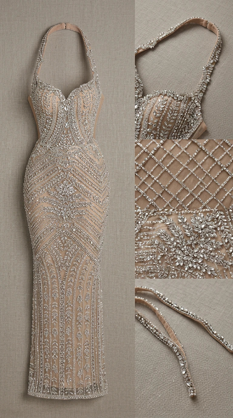 Flat lay and detail close-up of champagne crystal beaded halter gown