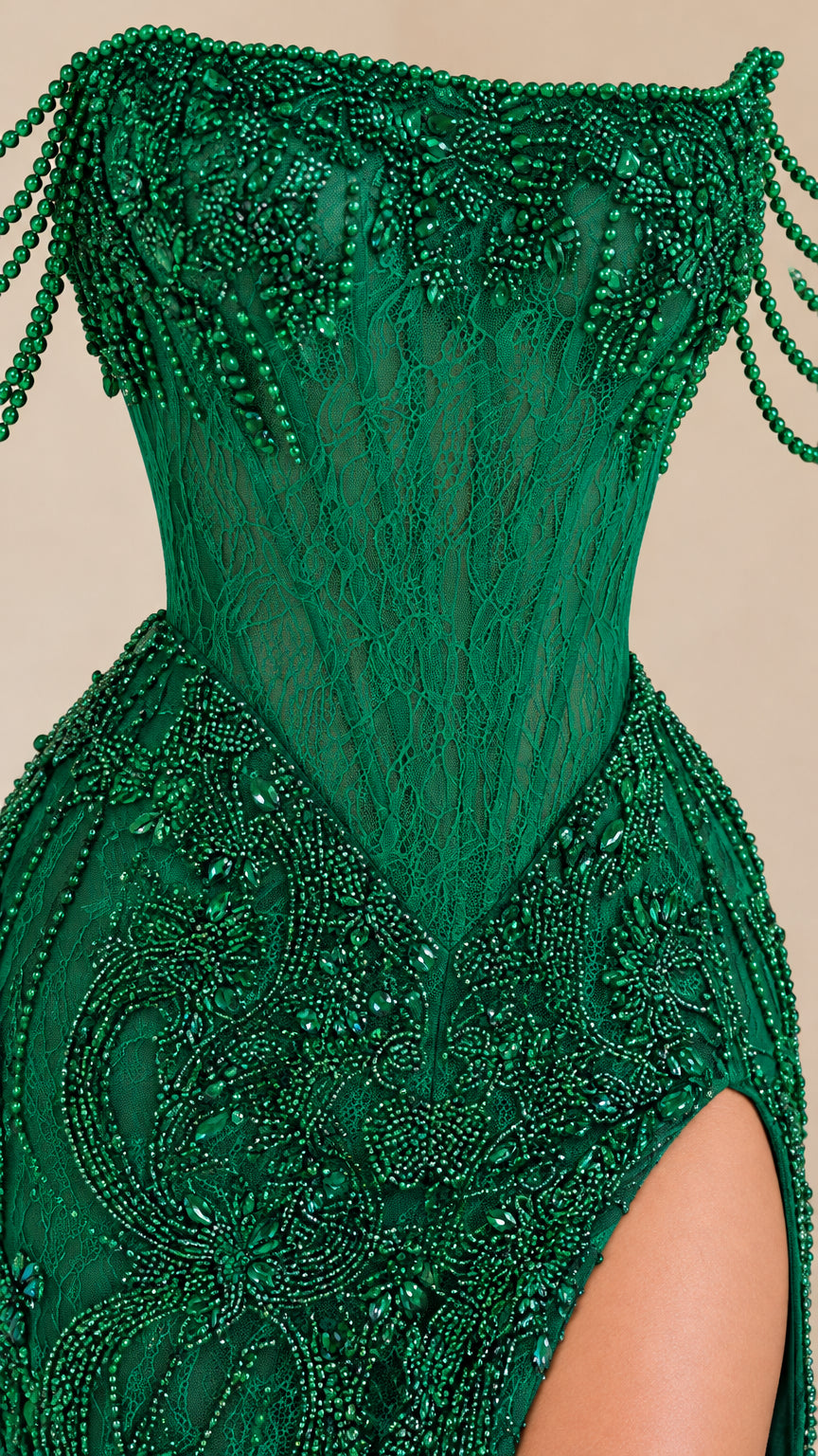 Close-up detail of emerald green beaded sheer corset bodice and shoulder fringe