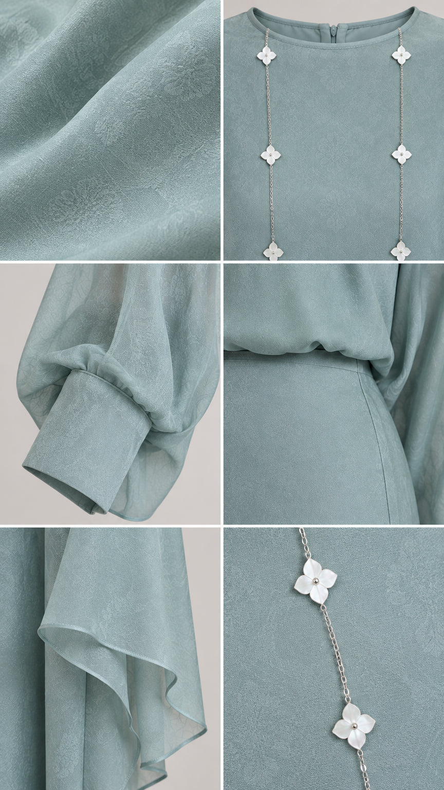 Detailed close-ups of crepe fabric, neckline floral chain embellishment, and cuffed cape sleeves