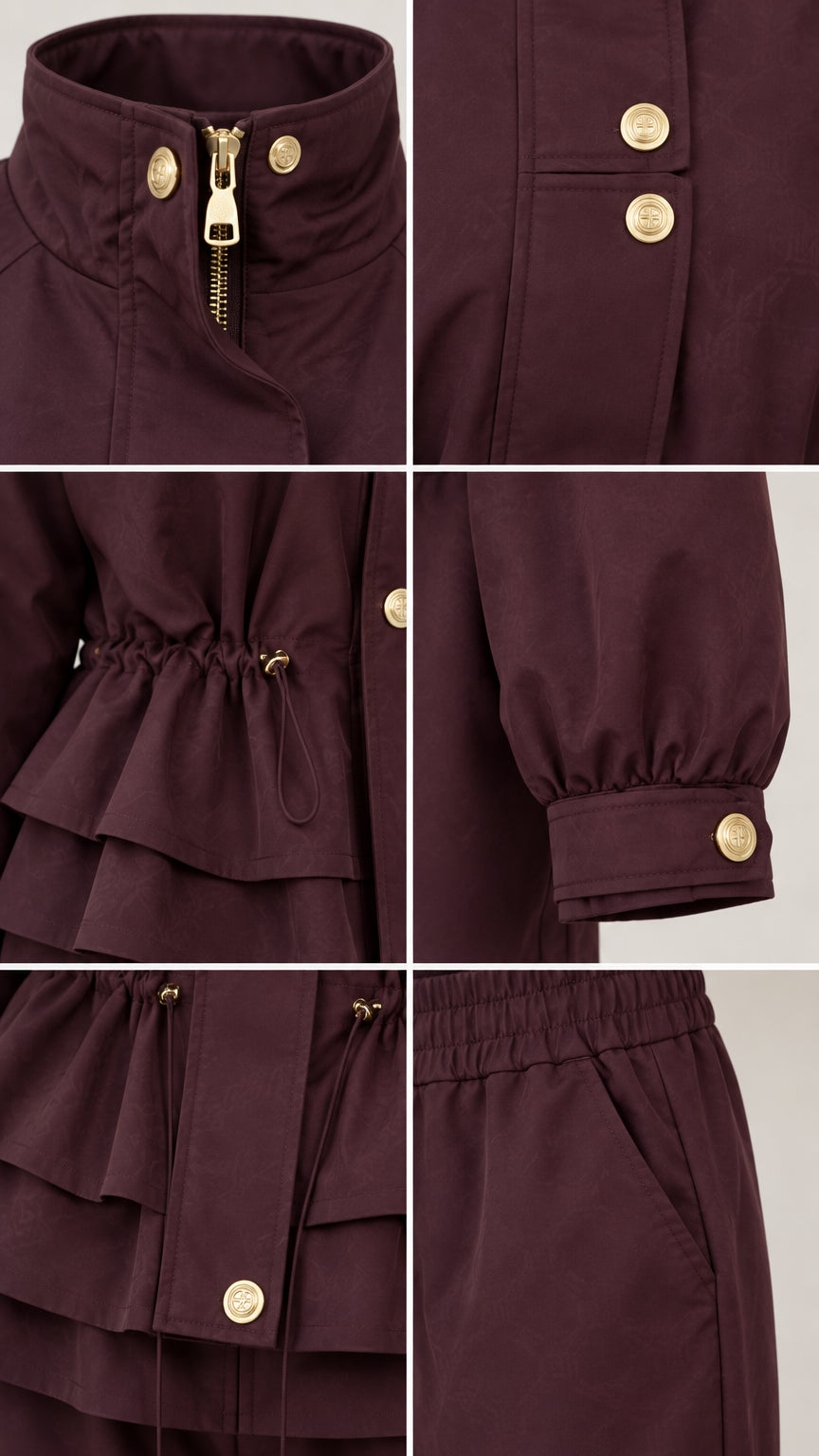 Close-up collage of gold zipper, snap buttons, drawstring waist, and pockets on burgundy set