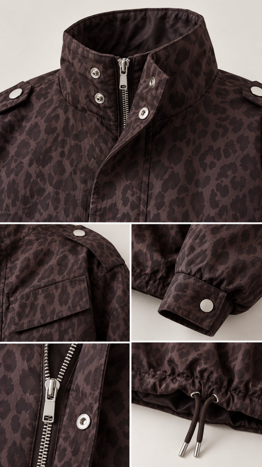 Detailed close-up collage showing high stand collar zipper snap placket cuff and toggle hem