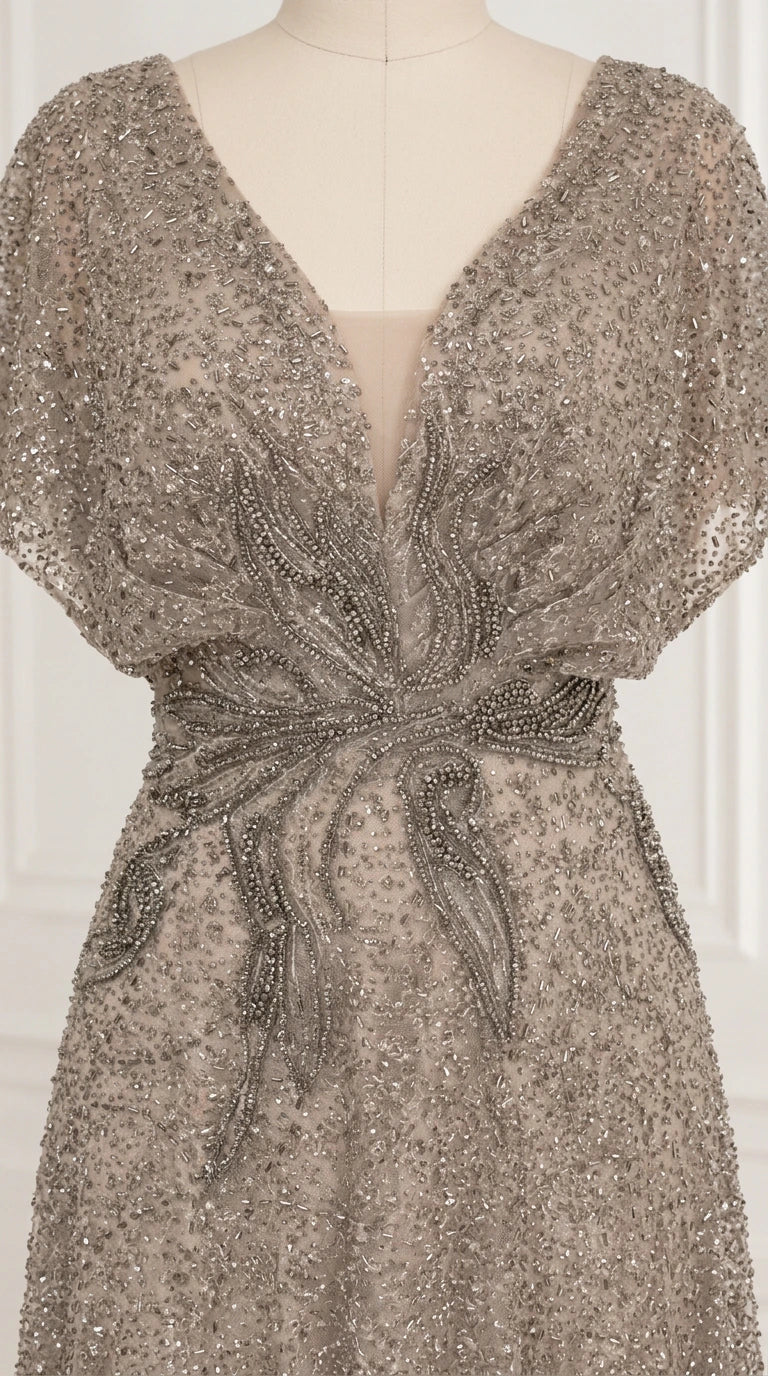 Close-up detail of sheer illusion V-neckline and intricate waist beading on mannequin