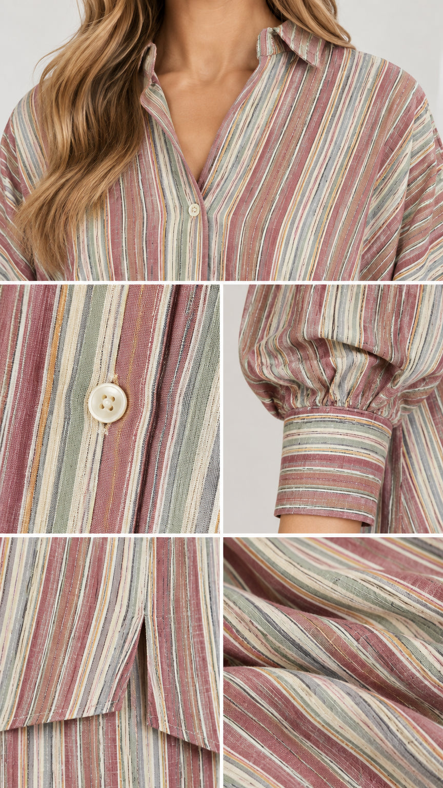 Detailed close-up of striped textured fabric, collar, buttons, and sleeve cuff details