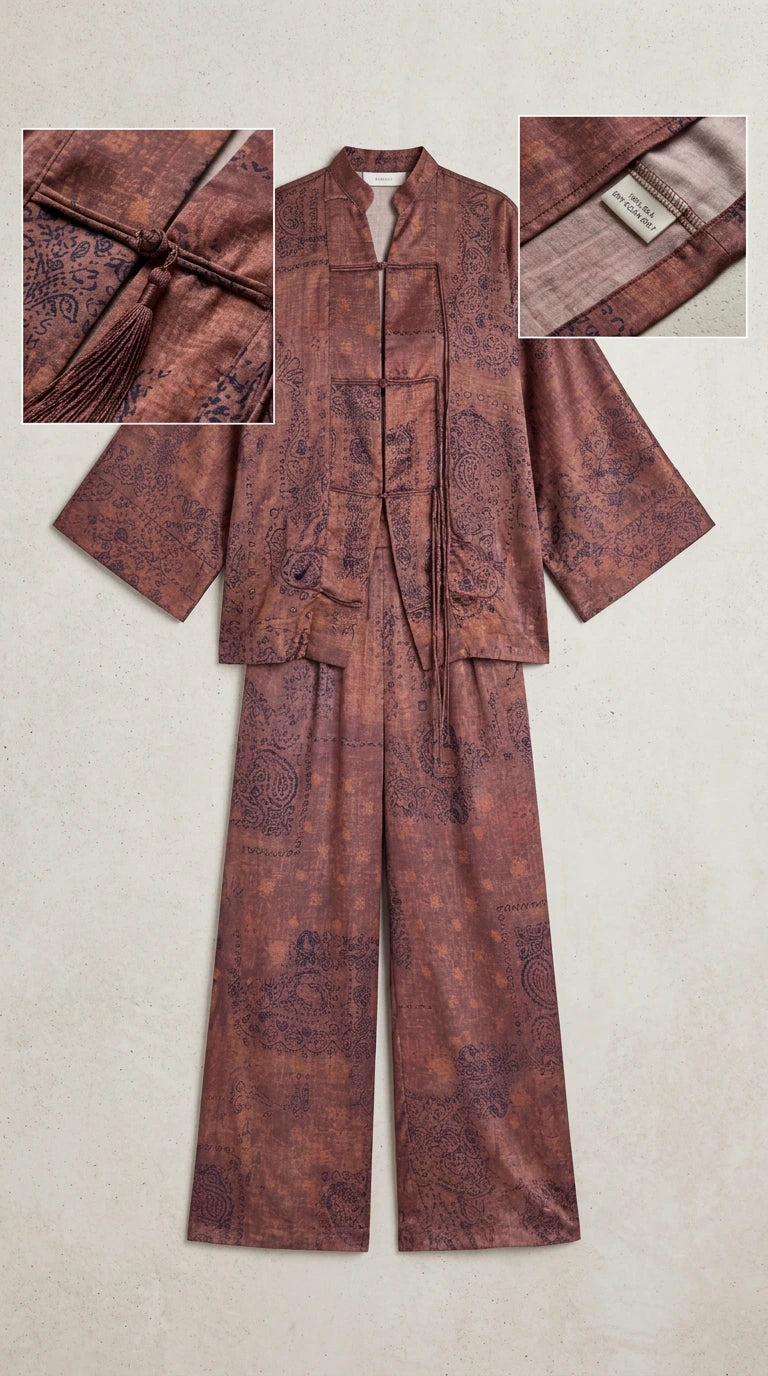 Flat lay view showing Dusty Mauve two-piece pant set with frog knot closures and fabric detail