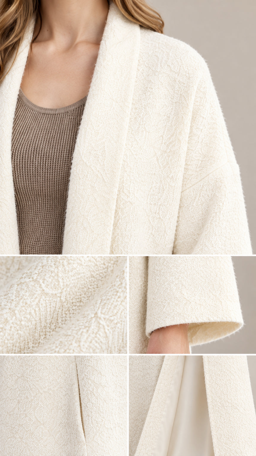 Detailed close-ups of off-white textured knit fabric, cuffs, and seam construction