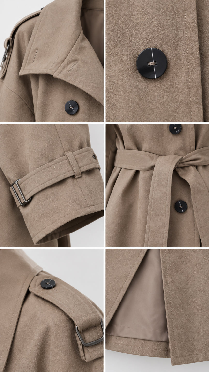 Close-up details of trench coat lapel, button, belted cuff, waist tie, and shoulder epaulet