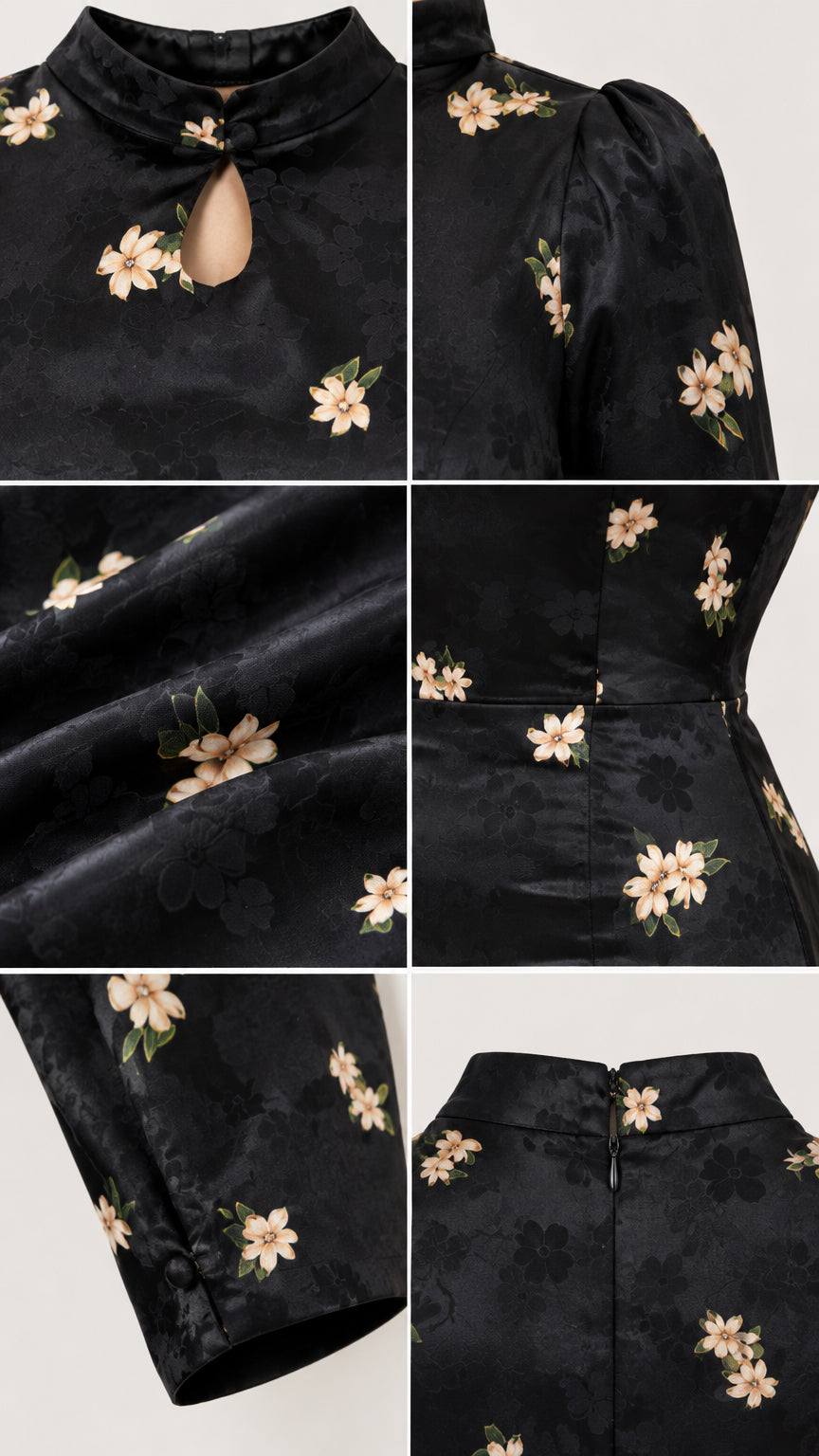 Close-up details of keyhole neckline, jacquard fabric texture, cuff buttons, and zipper