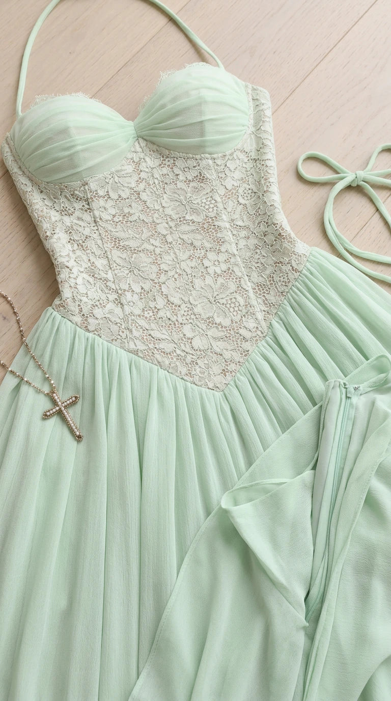 Close-up detail of mint green sweetheart ruched bust and floral lace bodice