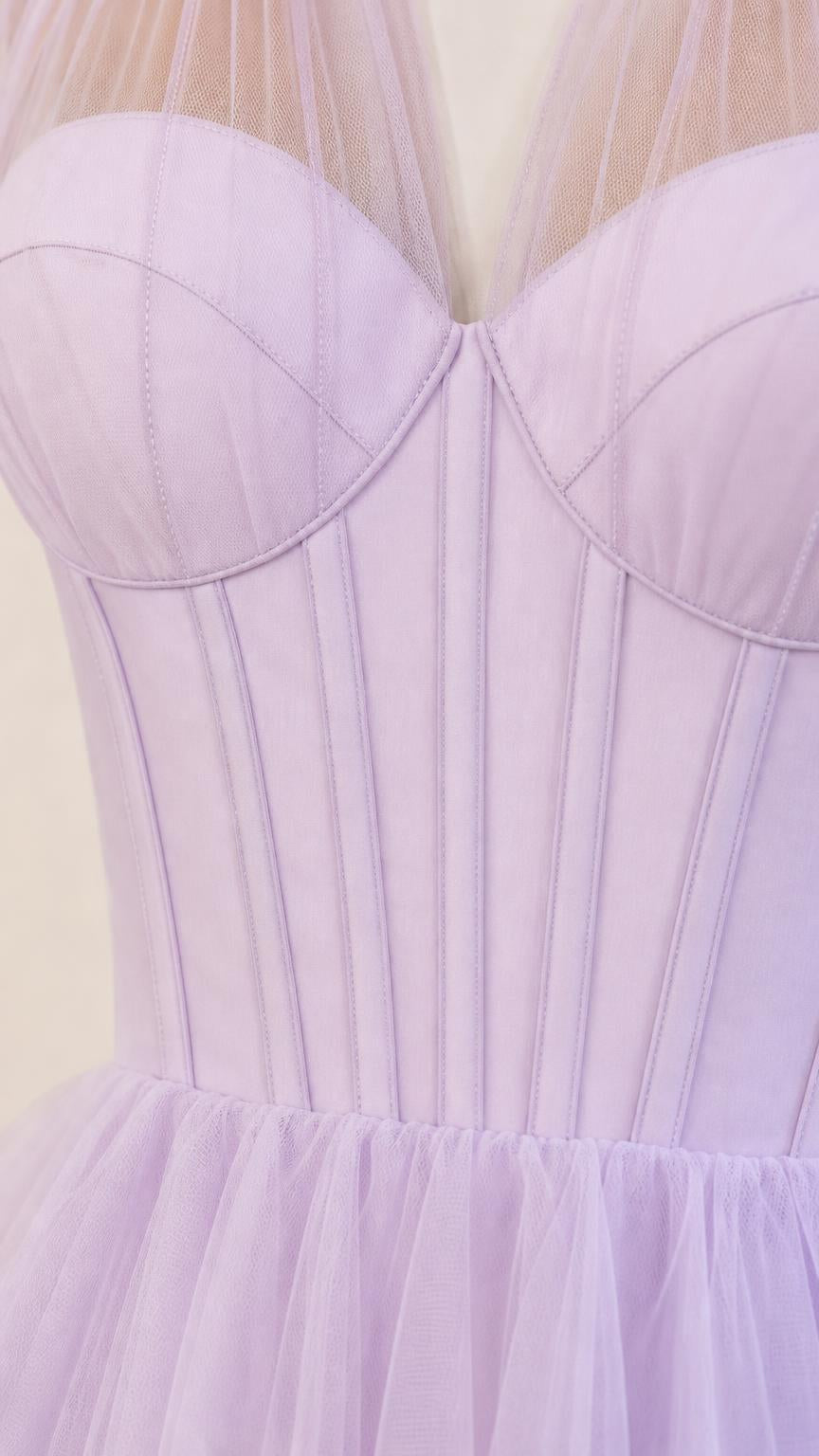 Close-up detail of the structured corset bodice and sheer neckline