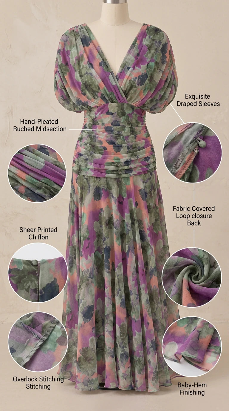 Detailed mannequin display showcasing dress construction, ruched waist, and draped sleeves