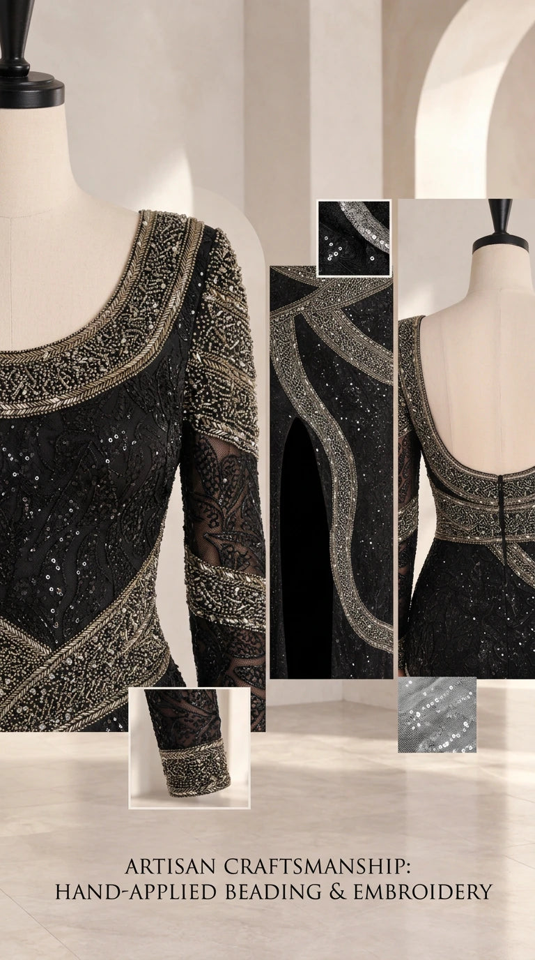 Close-up craftsmanship details of beadwork, neckline, and cuffs on evening dress