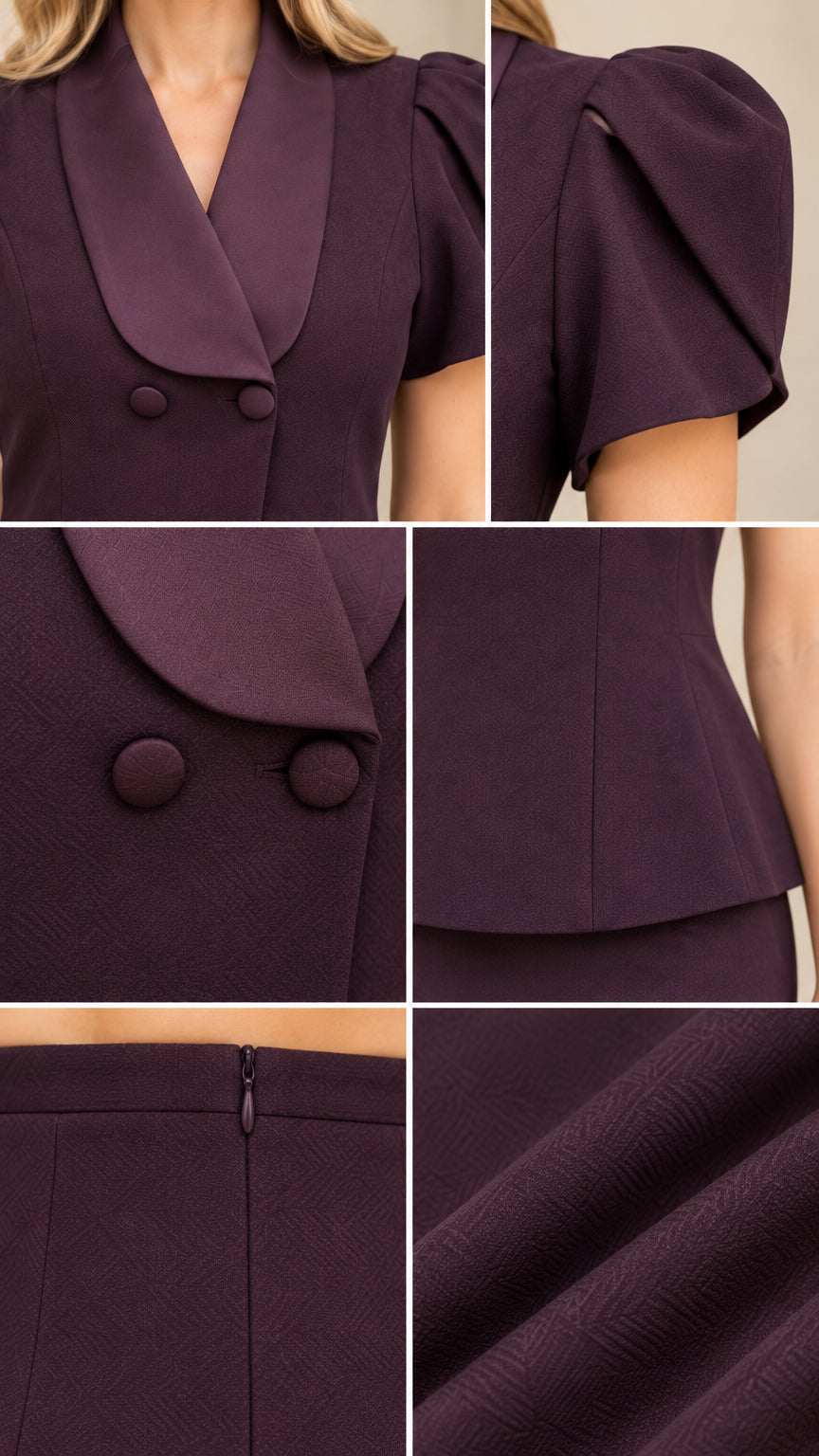 Close up details of shawl lapel, covered buttons, pleated puff sleeve, and zipper on plum skirt suit