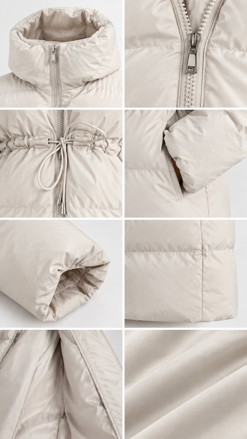 Close-up details of collar, zipper, drawstring waist, pocket, and cuff of puffer jacket