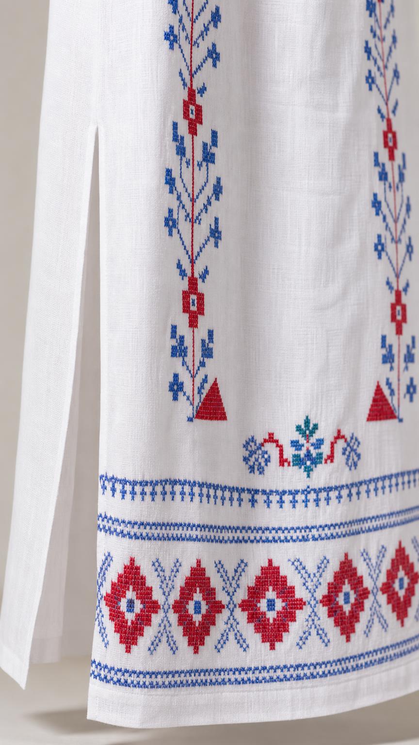 Close-up detail of blue and red geometric embroidery and side slit on white dress