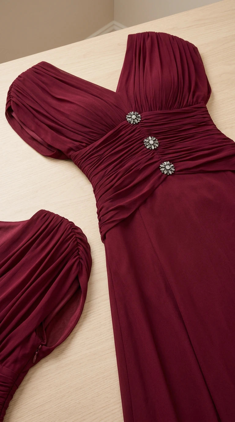 Close up detail of ruched bodice with sparkling crystal floral buttons