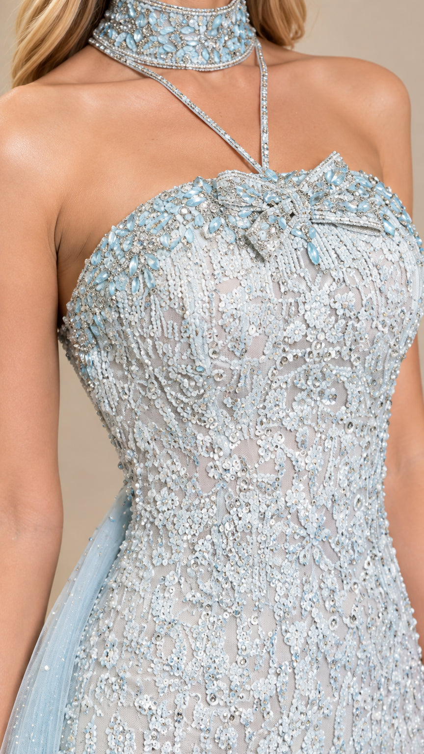 Close-up of intricate beaded bodice and matching embellished choker neckline
