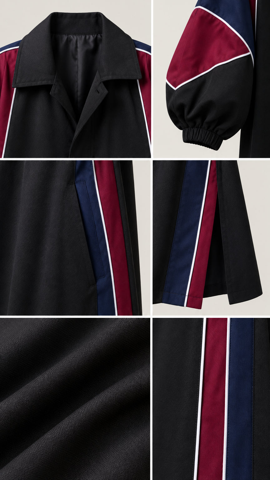 Detailed close-ups of lapel collar, elastic sleeve cuff, hem slits, and fabric texture