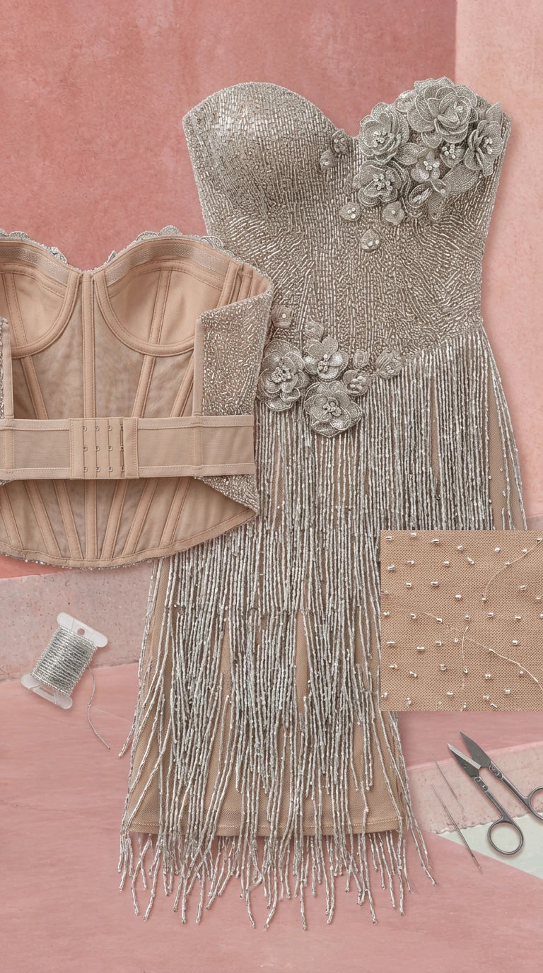 Close-up detail of inner corset boning, beaded fringe, and 3D floral appliques
