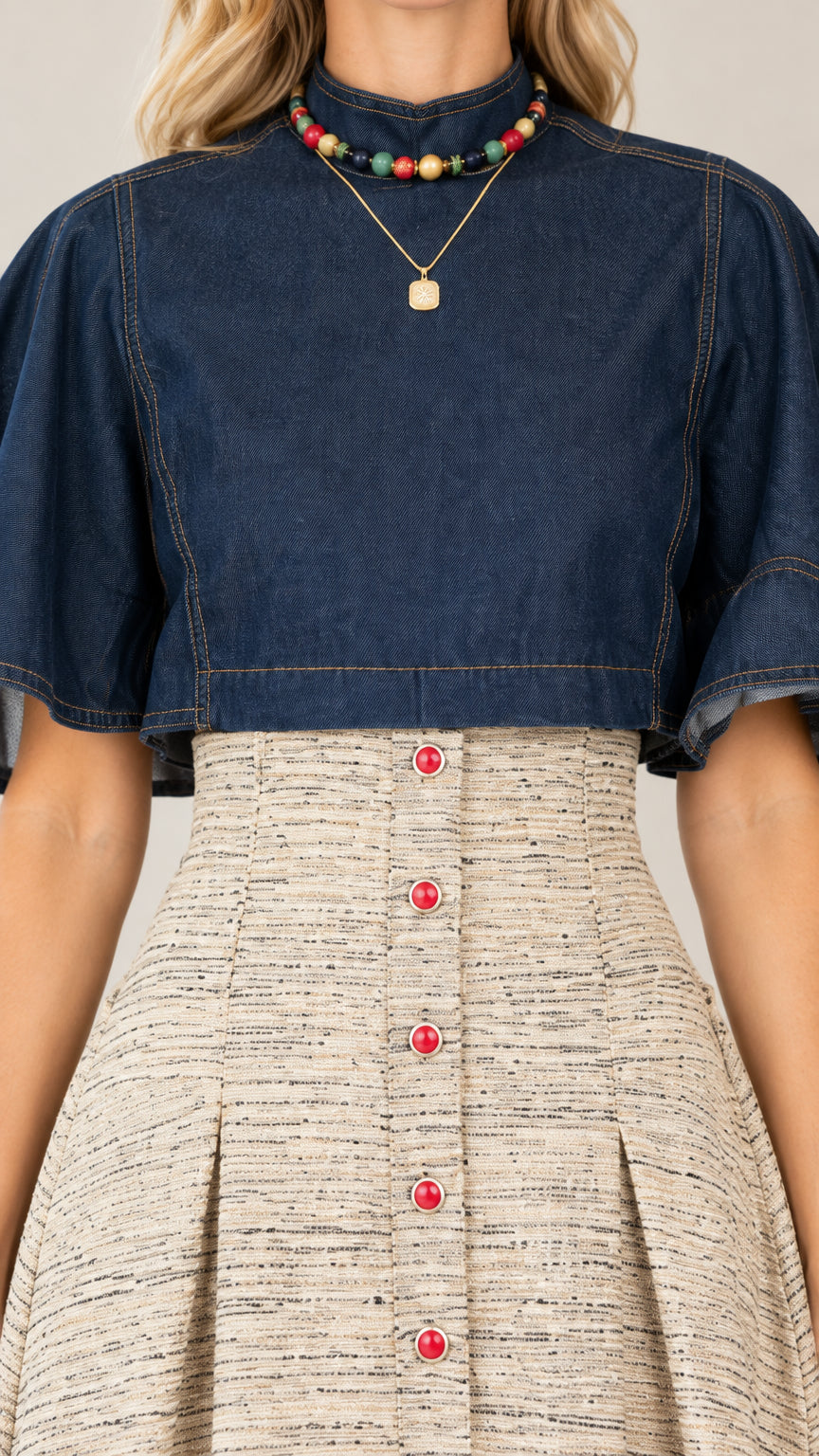 Close-up detail of mock neckline, flutter sleeve, and button-embellished tweed skirt