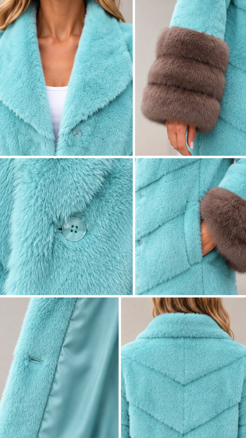 Close-up detail collage of aqua blue faux fur coat showing lapel, button, pocket, and lining