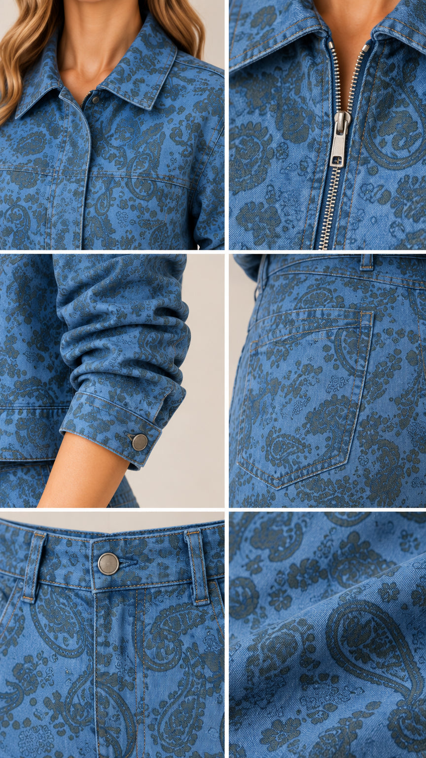 Detailed closeups of Denim Blue paisley collar, zipper, sleeve cuff, and pocket construction