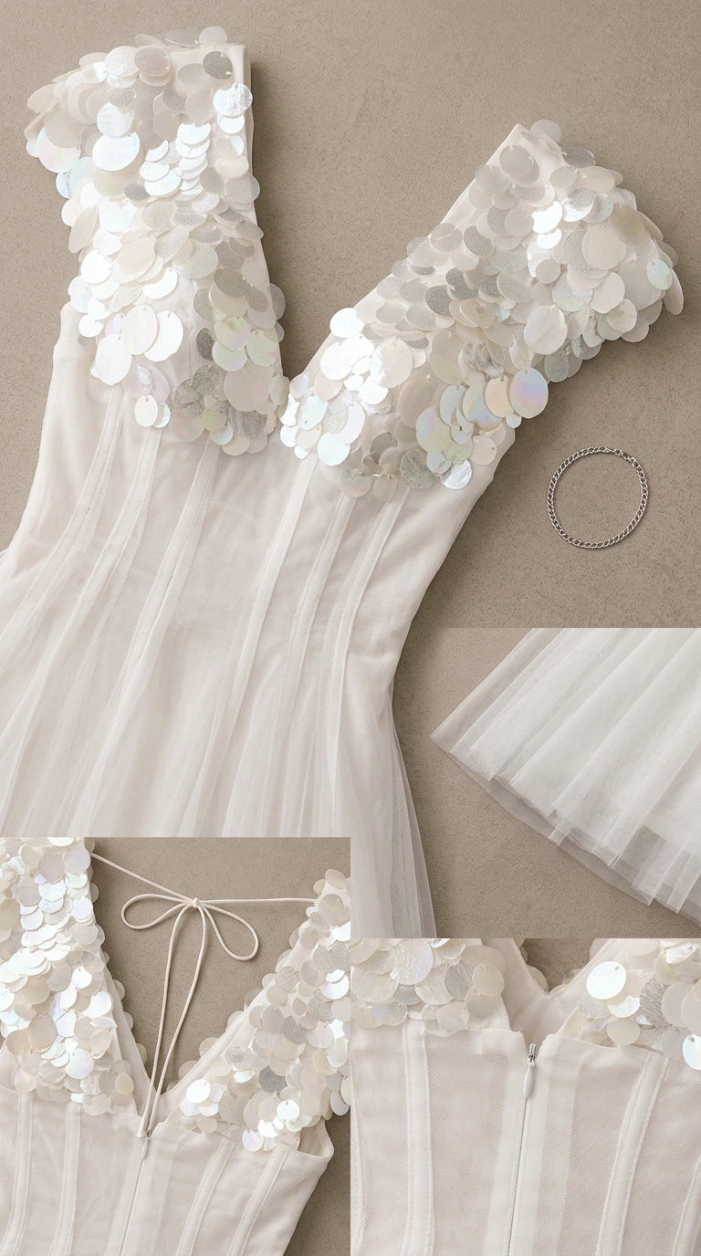 Close-up details of shimmering white sequin paillettes, bodice pleats, and zipper
