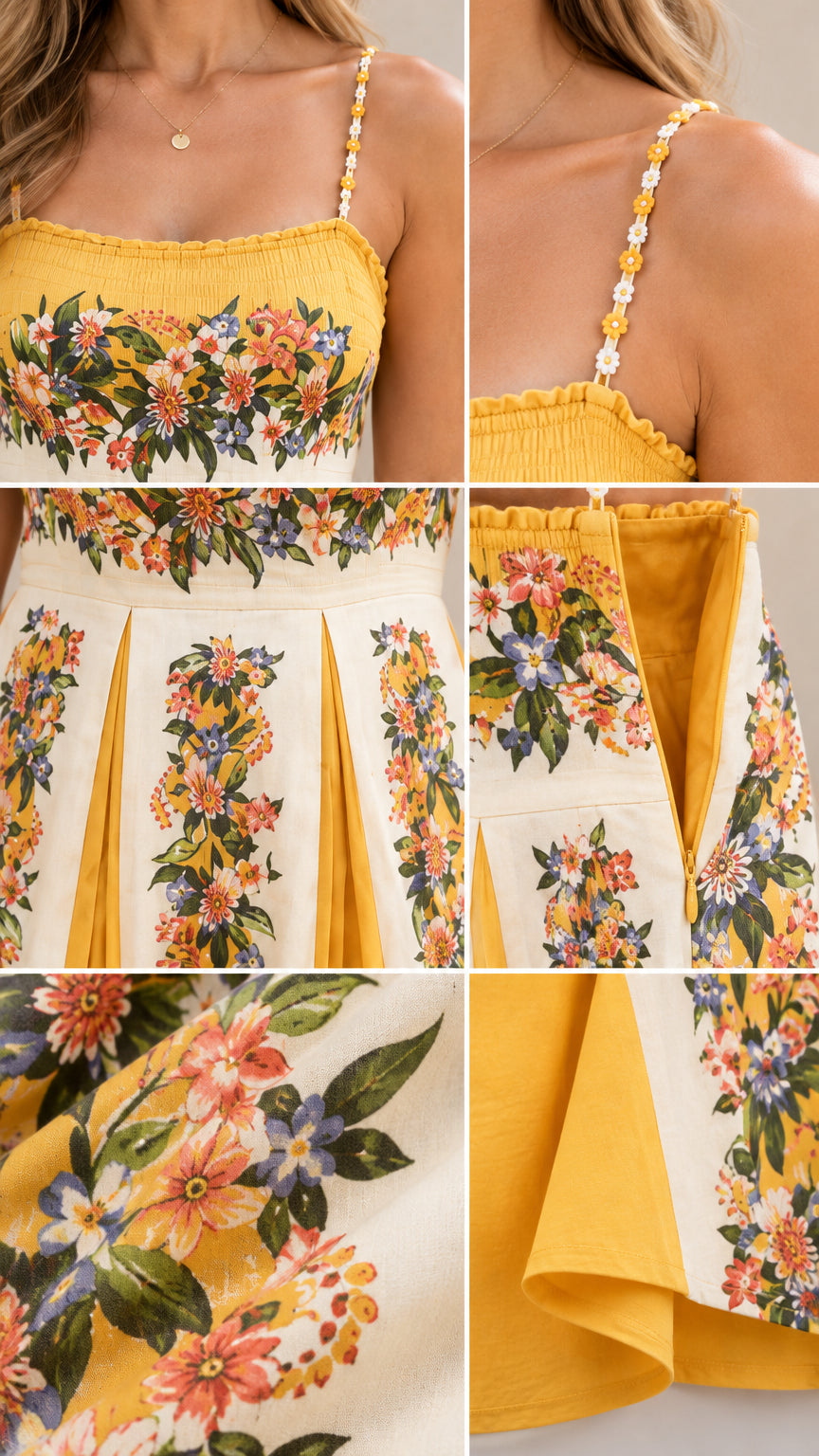 Close-up details of daisy straps, floral bodice, side zipper, and pleated fabric